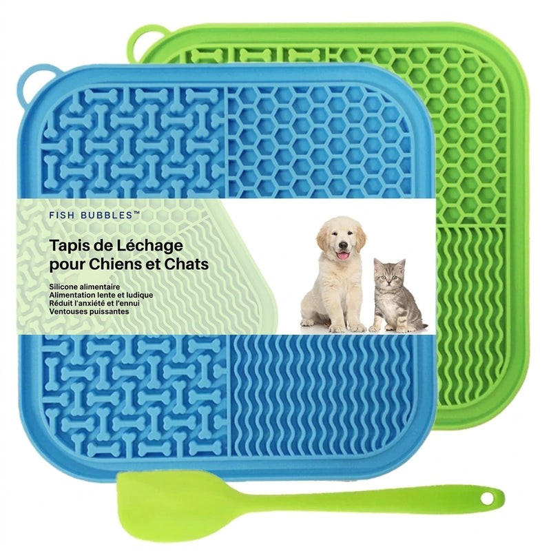 Tapis à lécher carrés bleu et vert en silicone alimentaire avec spatule, pour chiens et chats