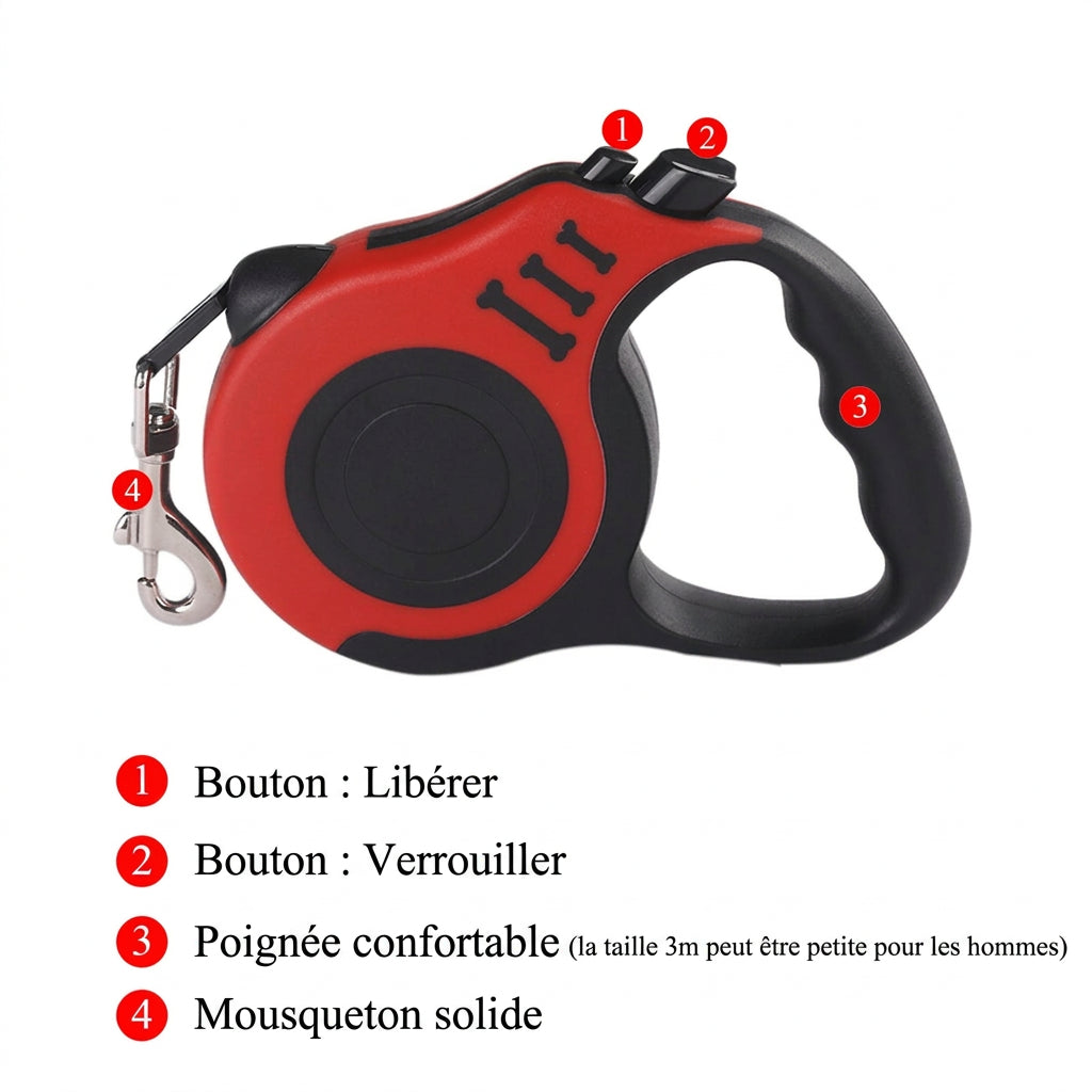 Laisse à enrouleur Escapade : bouton libérer, bouton verrouiller, poignée confortable, mousqueton solide