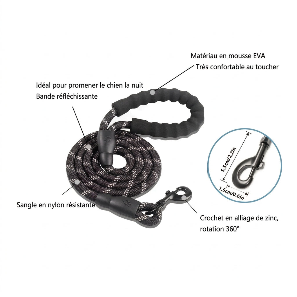 Laisse Confort Réfléchissante : mousse EVA, bande réfléchissante, sangle nylon, crochet en zinc rotatif