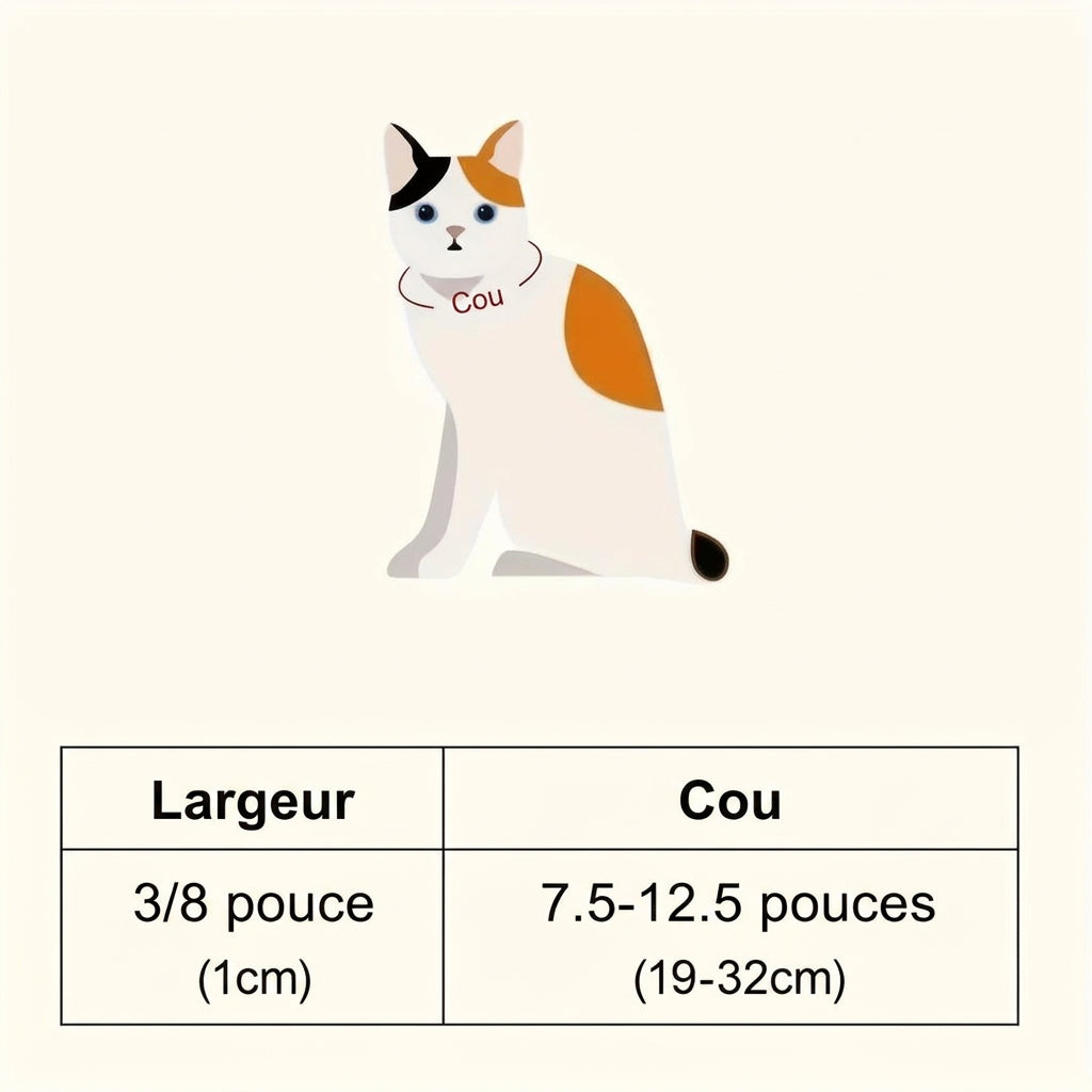 Dimensions du collier pour chat : largeur 1 cm, tour de cou 19-32 cm