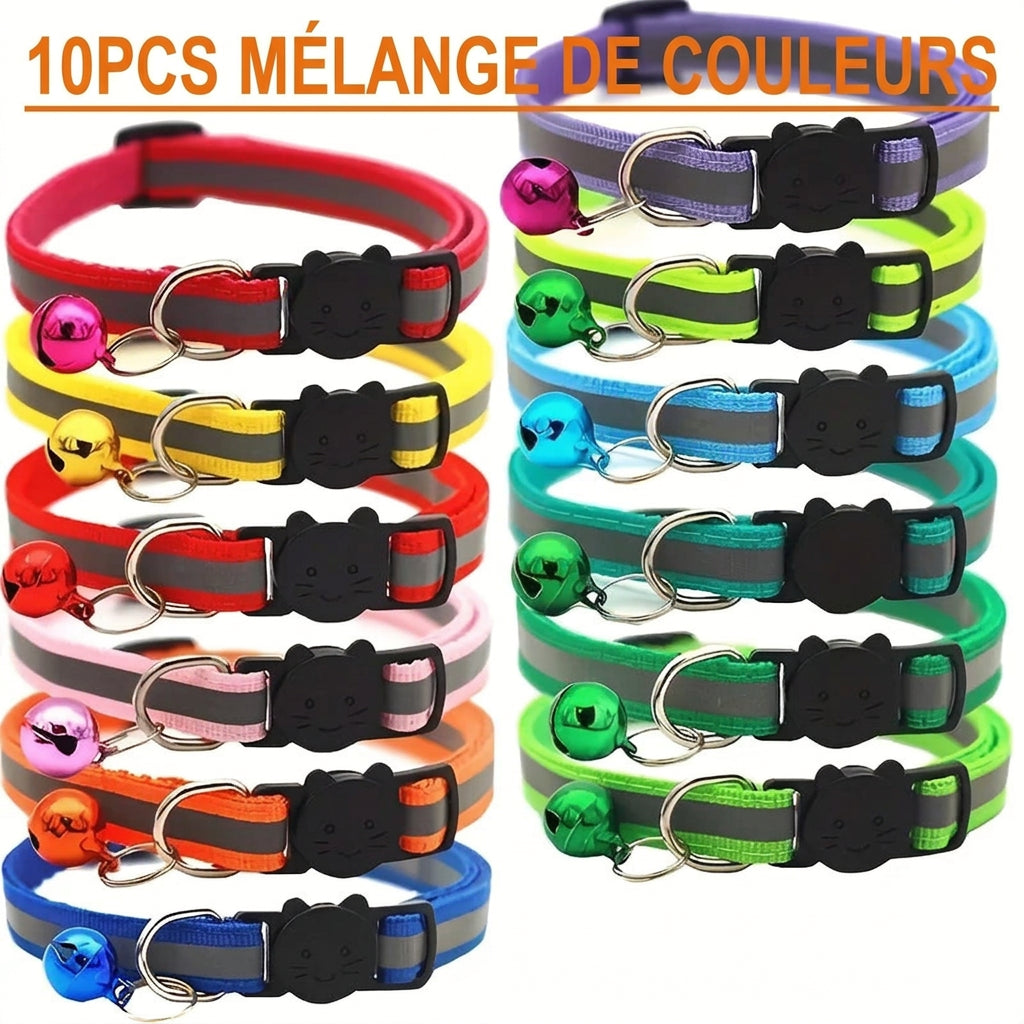 Lot de 10 colliers pour chatons réfléchissants, couleurs assorties avec grelot