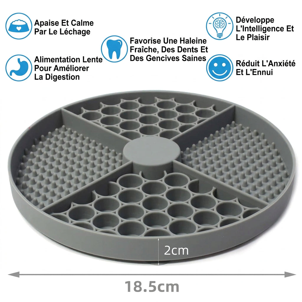 Tapis à lécher rond gris de 18,5 cm de diamètre et 2 cm de haut, avec ses avantages : apaise, ralentit les repas, haleine fraîche