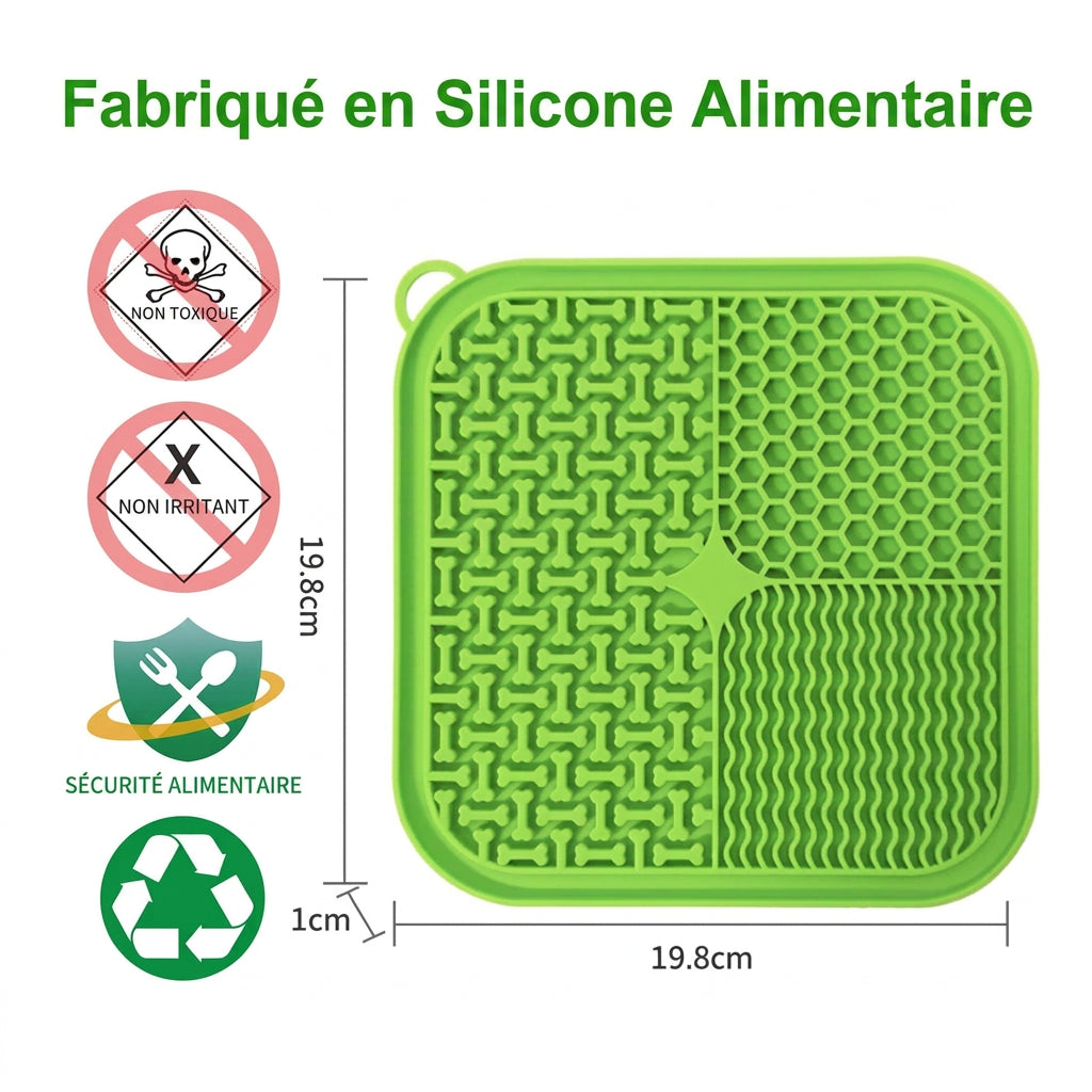 Tapis à lécher vert de 19,8 × 19,8 cm en silicone alimentaire, non toxique et recyclable