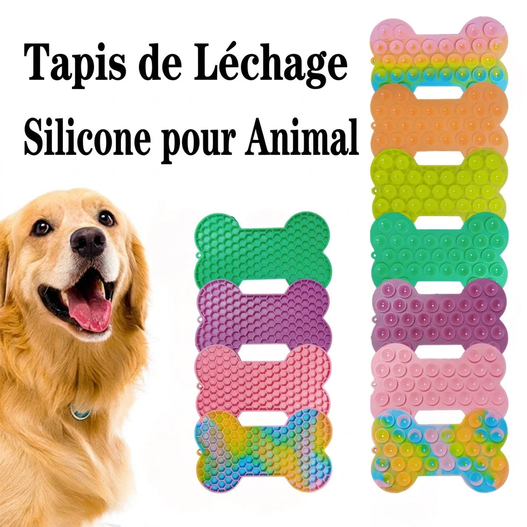 Golden retriever à côté de tapis de léchage en silicone en forme d'os, en plusieurs couleurs