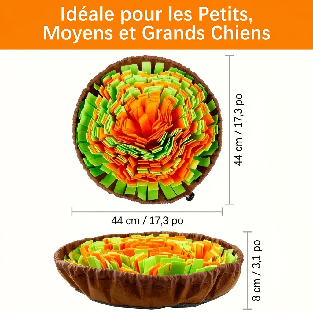 Dimensions du tapis de fouille : 44 cm de diamètre, 8 cm de haut, adapté aux petits, moyens et grands chiens