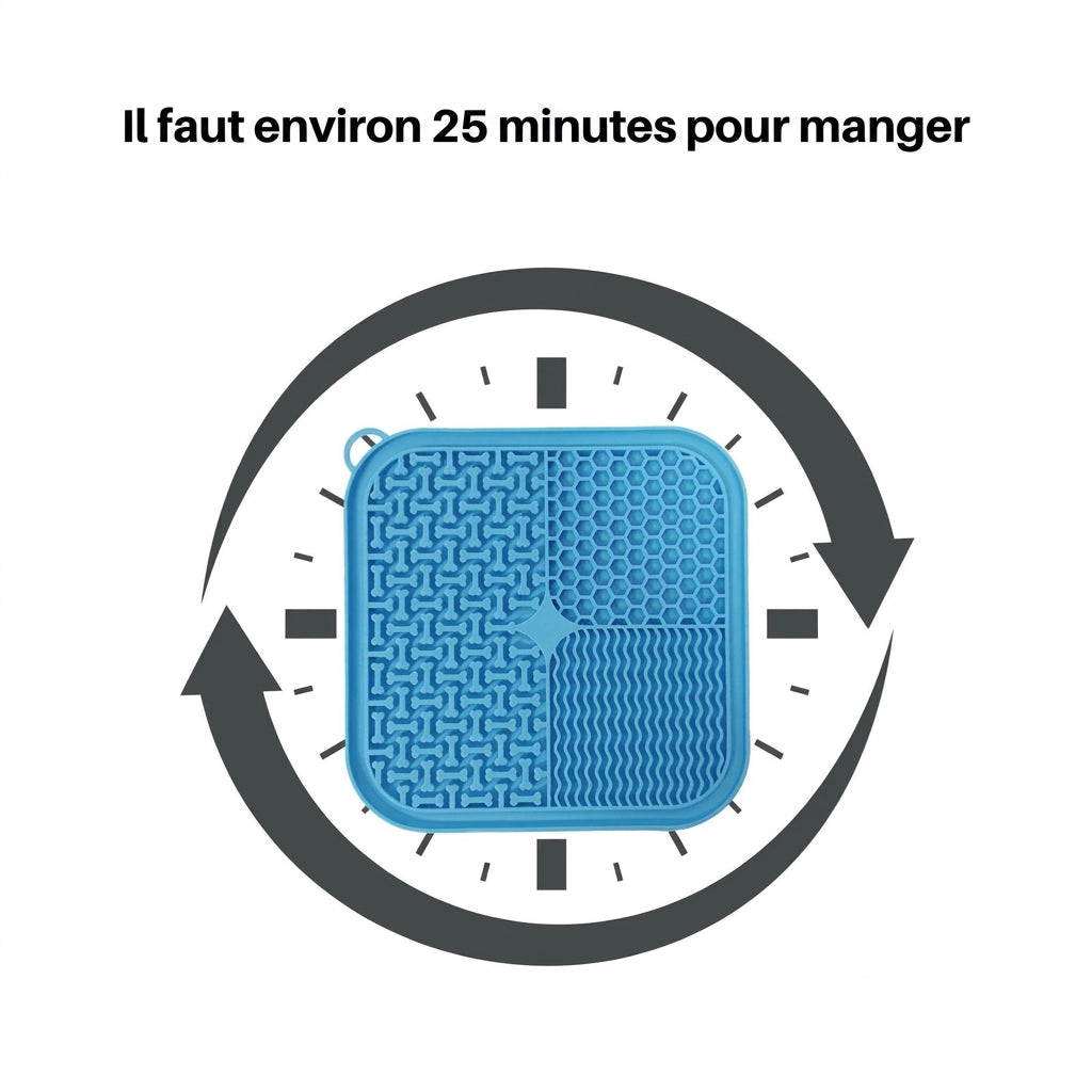 Tapis à lécher bleu au centre d'une horloge : environ 25 minutes pour finir le repas