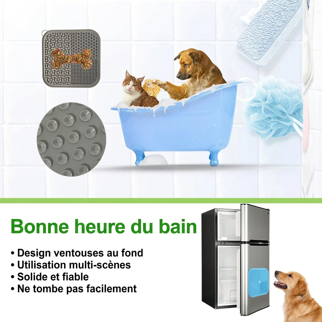 Chien et chat dans une baignoire avec le tapis à lécher fixé au mur par ses ventouses, aussi utilisable sur un frigo